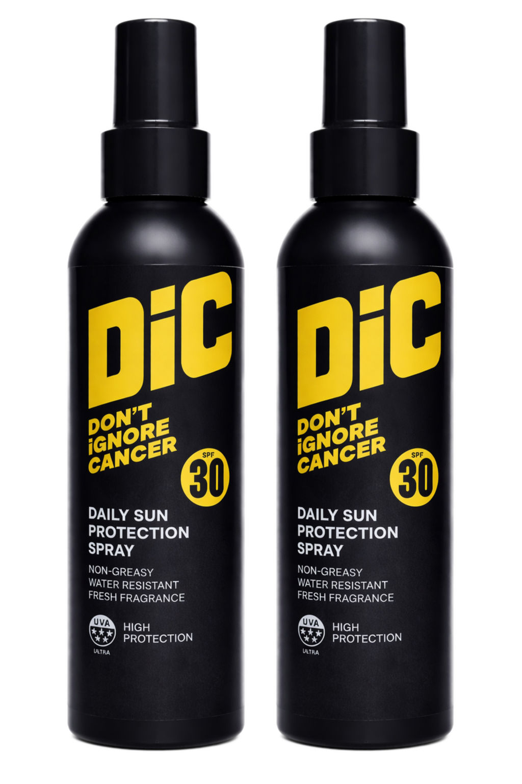 Two black spray sunscreen bottles with yellow and white text and DIC branding