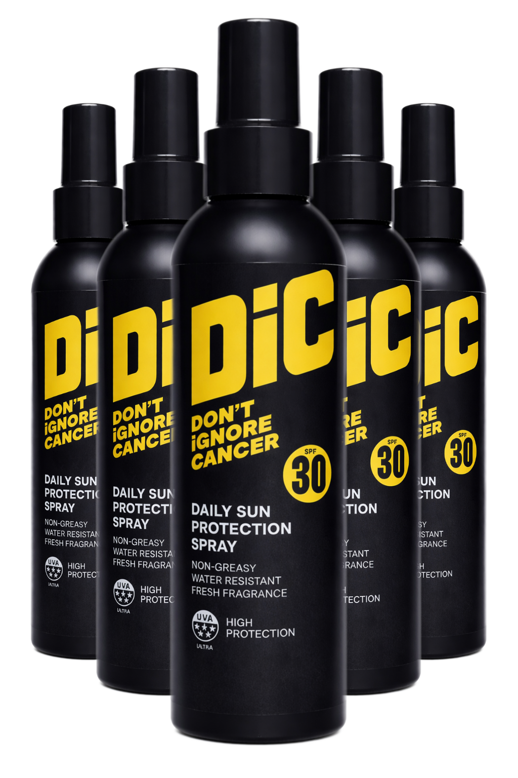 Five black spray sunscreen bottles with yellow and white text and DIC branding