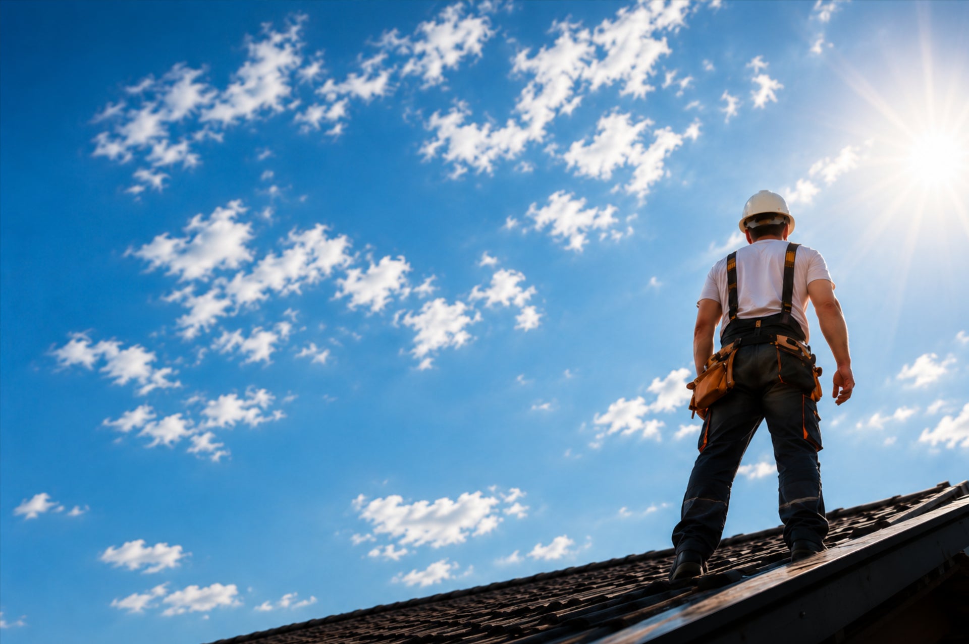 Person on a roof with a blue sky and clouds in the background