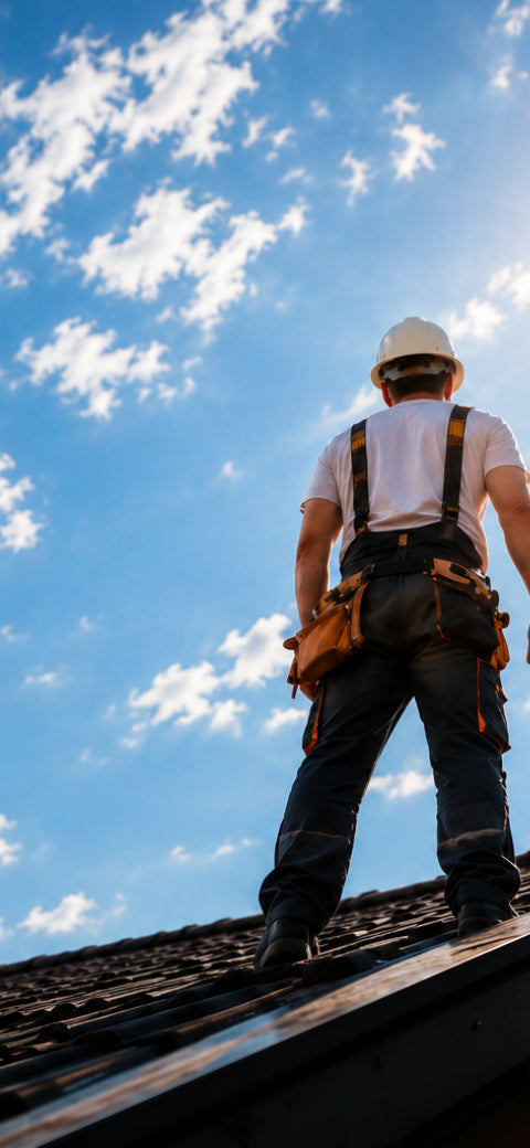 Person on a roof with a blue sky and clouds in the background